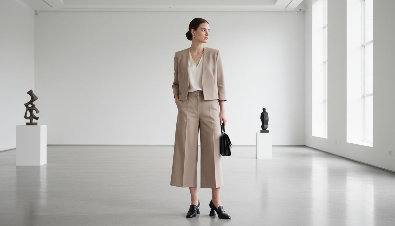 Деловой образ с бежевыми кюлотами, лоферами на инвертированном конусе и структурированным коротким жакетом.