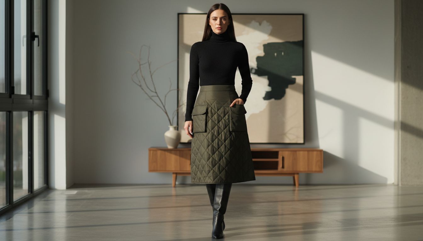 Стилизованный образ: темно-оливковая стеганая юбка-миди с карманами-портфелями, заправленная в нее тонкая черная шерстяная водолазка и высокие сапоги на плоской подошве.