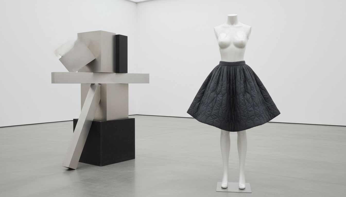 Арт-фотография, где юбка из стеганого нейлона показана на манекене рядом с геометрической скульптурой, подчеркивая ее архитектурный характер.
