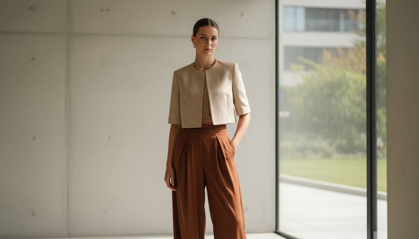 Стилизация брюк с драпировкой в цвете жженой корицы с укороченным бежевым жакетом.