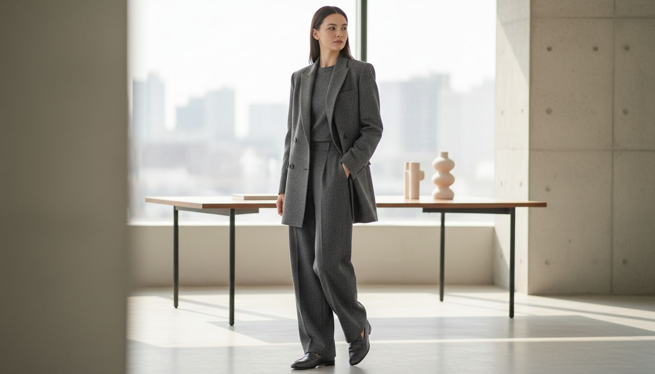 Женщина в свободных серых шерстяных брюках и лоферах с мысом-долото, и удлиненный двубортный жакет в тон.