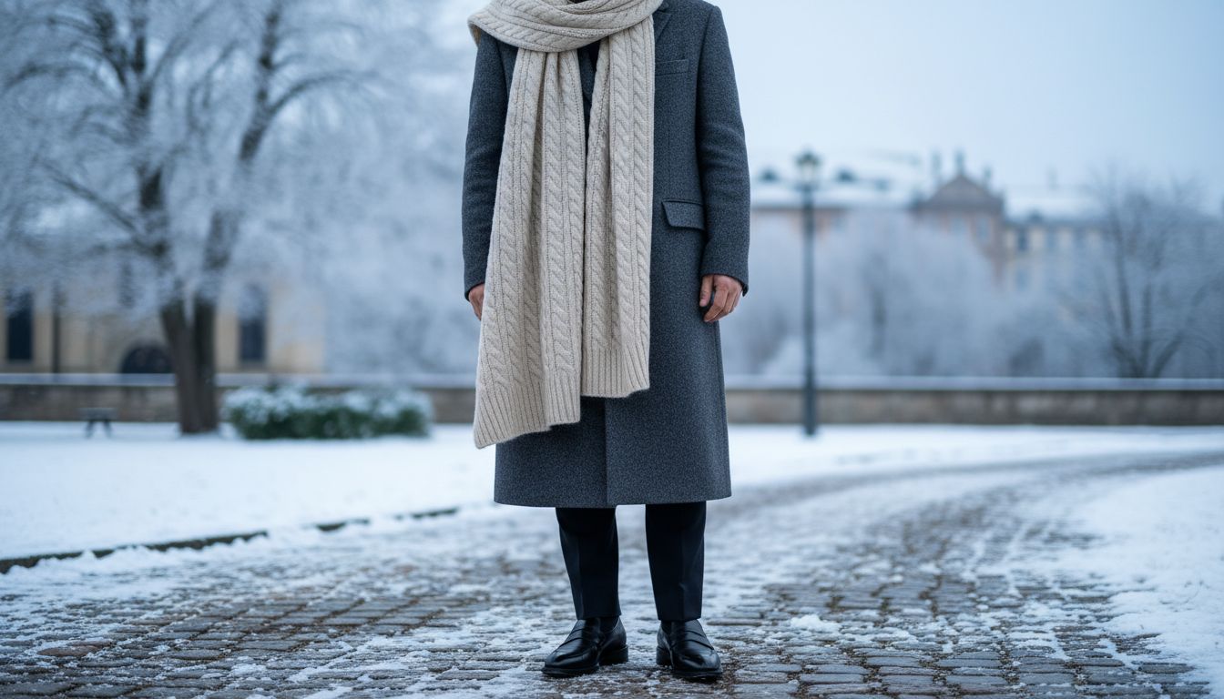 Стилизованный зимний образ: широкий шерстяной шарф, структурированное пальто и виднеющийся острый мыс-долото лоферов.
