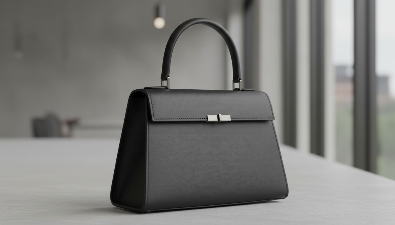 Крупный план жесткой черной сумки-трапеции, демонстрирующий интегрированную кожаную ручку и минималистичную фурнитуру.