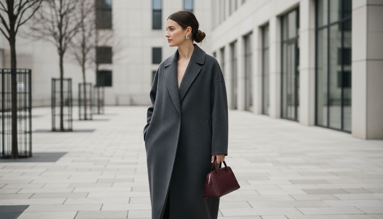 Модель в объемном шерстяном пальто-коконе серого цвета, держащая в руке небольшую жесткую сумку-трапецию винного оттенка. Фон - минималистичный городской пейзаж.
