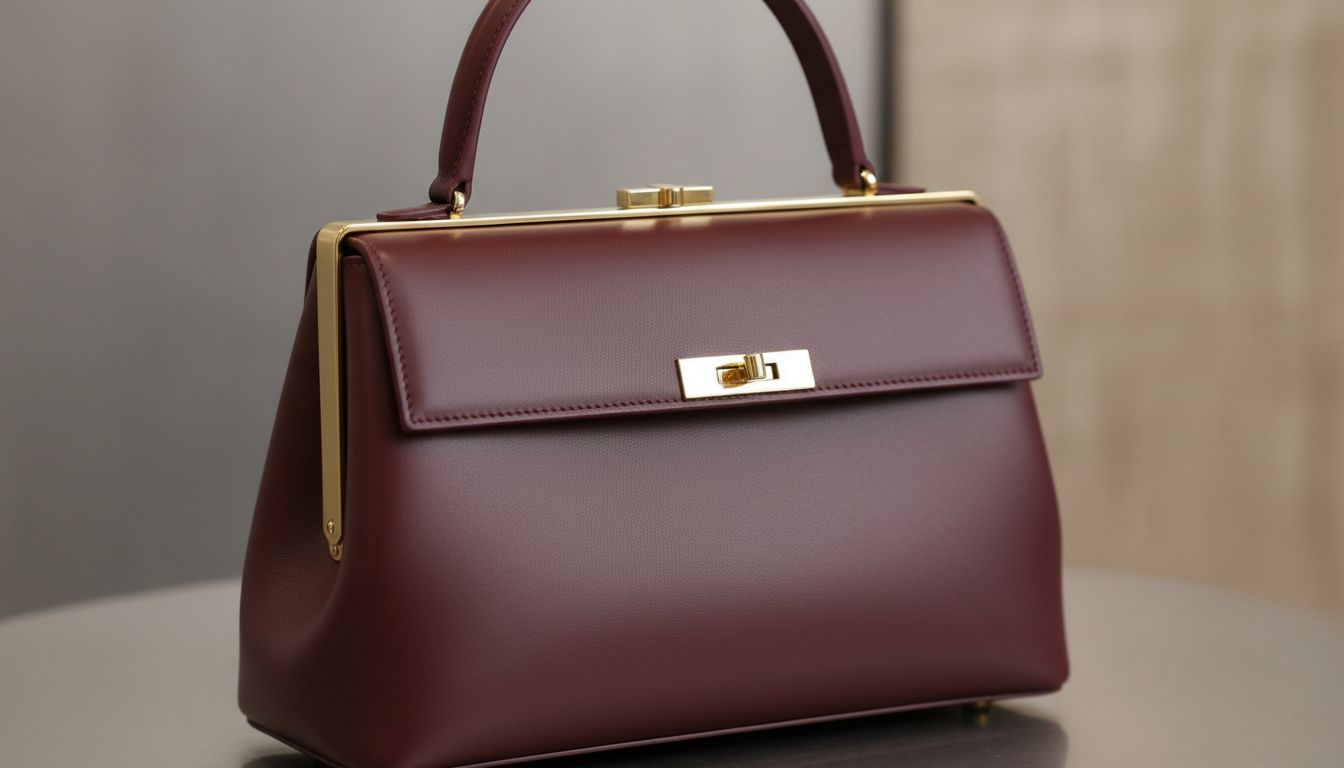 Крупный план строгой сумки-саквояжа из матовой бордовой кожи с минималистичной золотой застежкой.