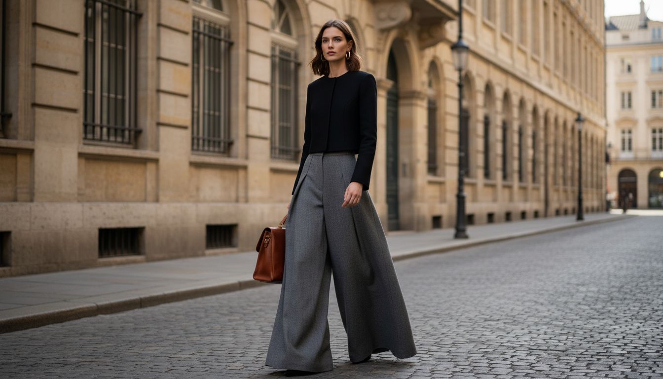 Девушка в серых шерстяных брюках-палаццо, черном укороченном пальто и с саквояжем в руке, идущая по улице. Акцент на архитектуре силуэта.
