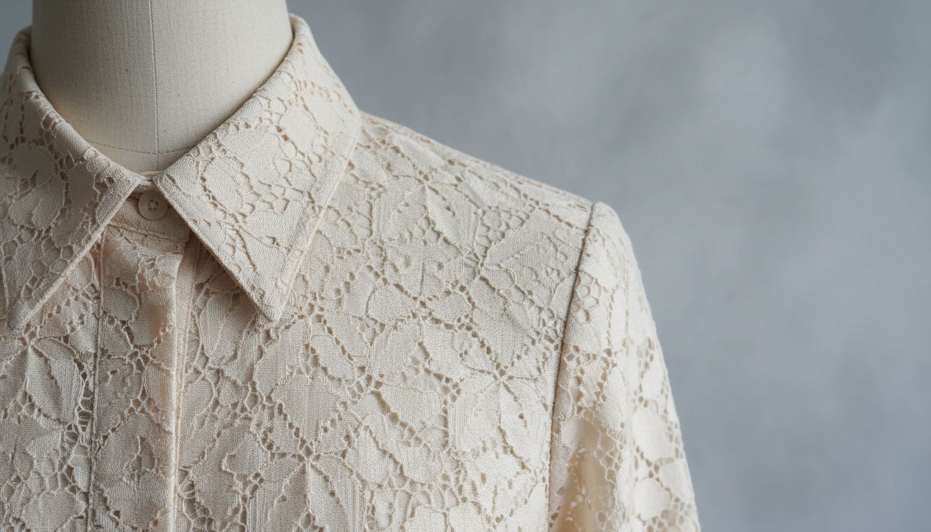 Крупный план воротника и манжеты платья-рубашки из технического кружева гипюр, демонстрирующий жесткость и четкость линий.
