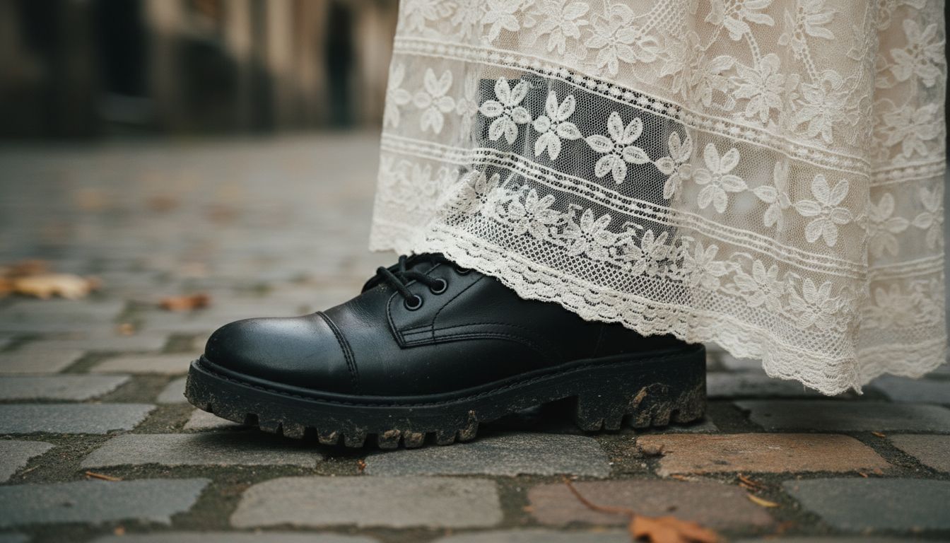 Деталь: Грубая подошва военных ботинок, контрастирующая с тонким плетением кружева на подоле платья.