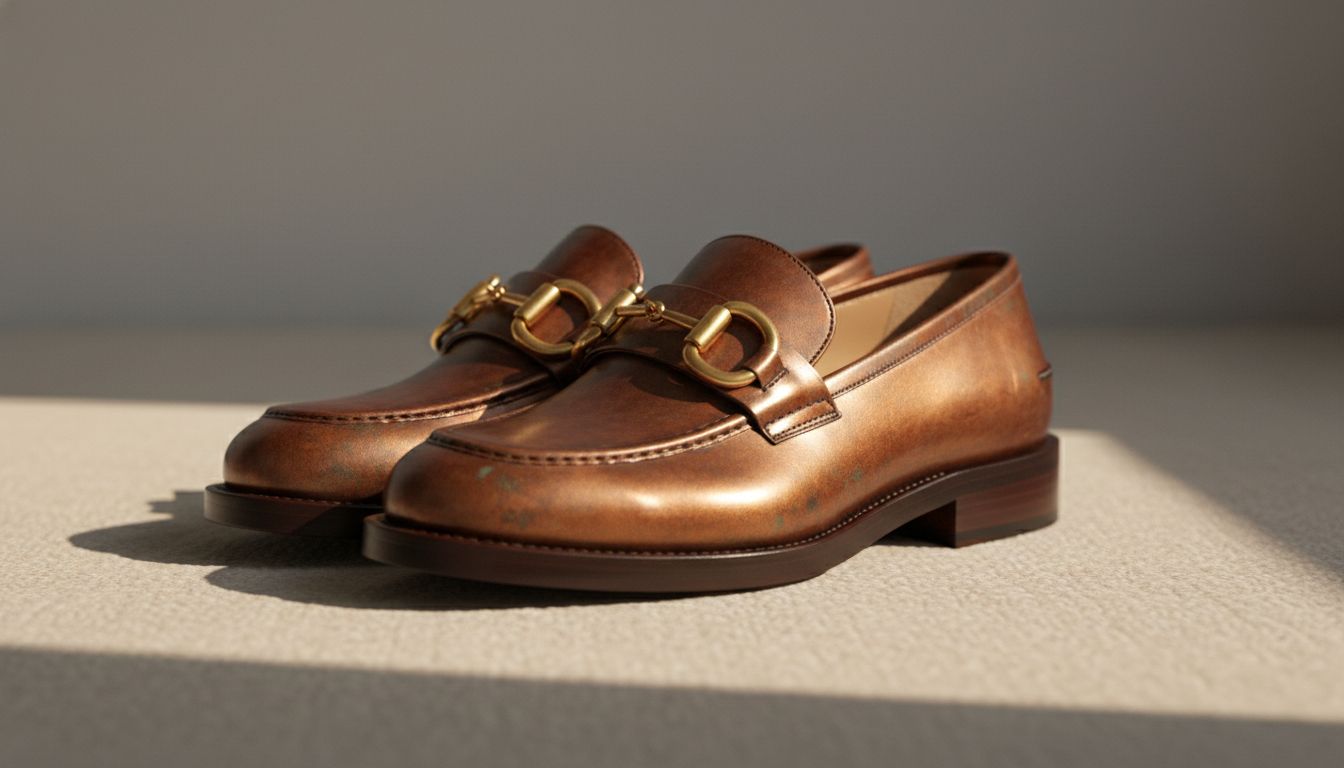 Крупный план лакированных лоферов оттенка окисленной меди с массивной золотой фурнитурой.