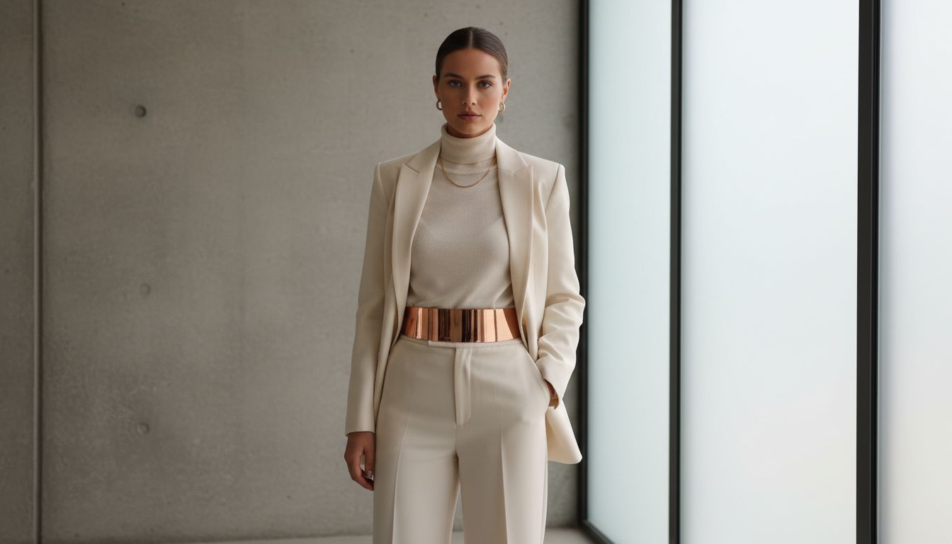 Стилизация: Брючный костюм цвета слоновой кости, водолазка в тон, и акцент - широкий пояс из лакированной меди.