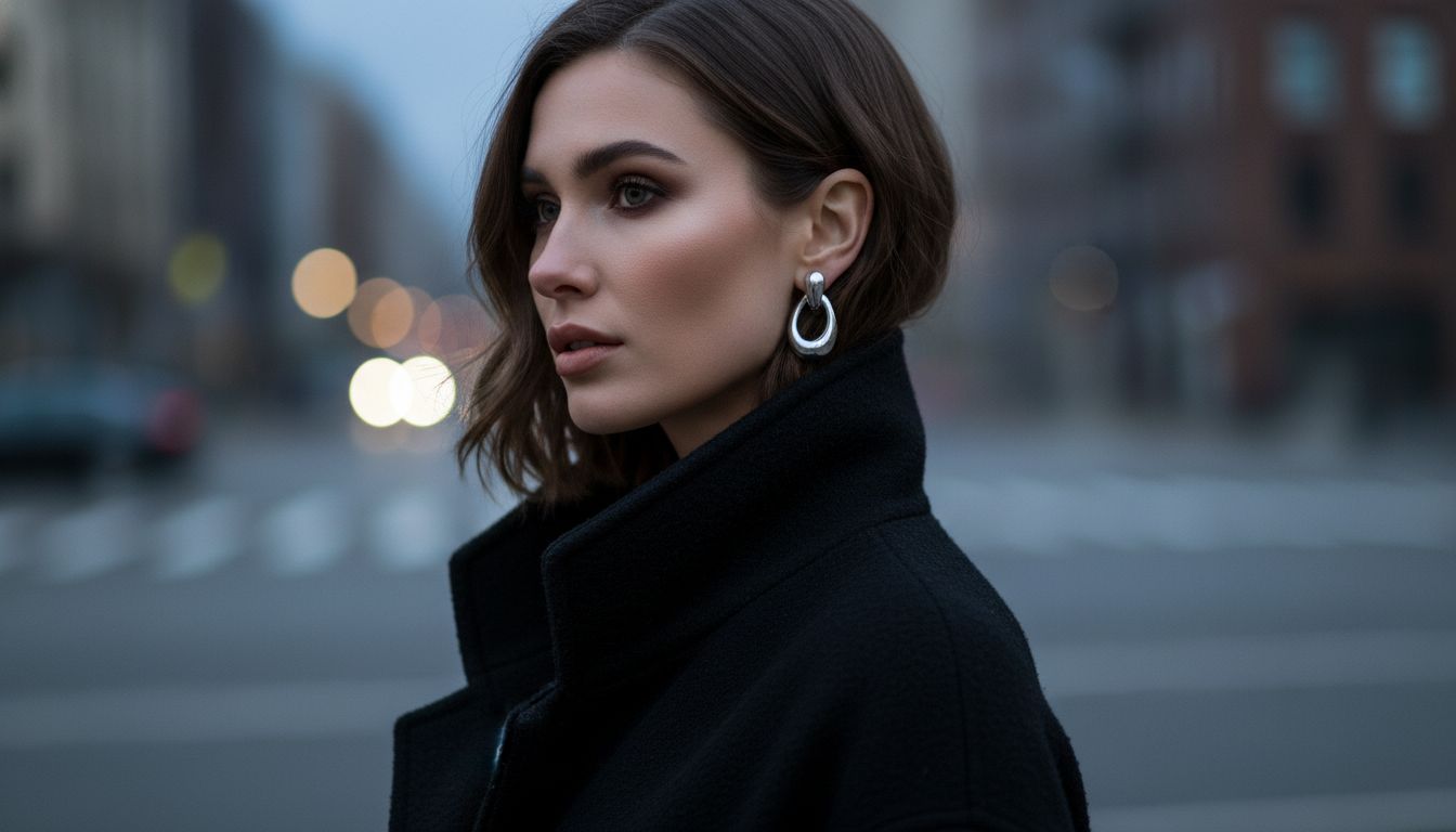 Женщина в черном шерстяном пальто с высоким воротником, демонстрирующая асимметричную прическу с одной стороны открытым ухом, украшенным серебристой петлей-пряжкой.