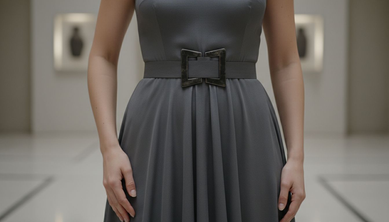 Женщина в вечернем монохромном платье с гладкой прической, демонстрирующая крупную черненую металлическую петлю-пряжку в форме трапеции.