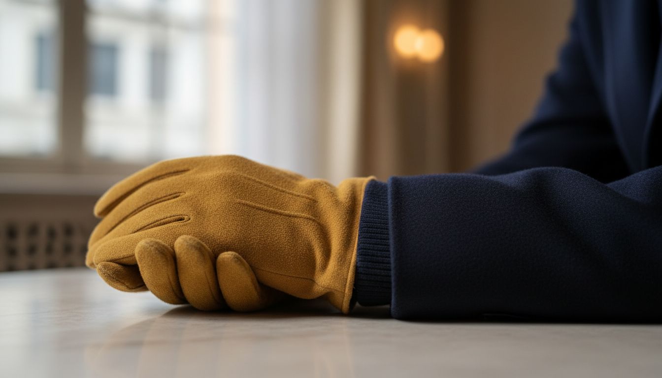 Крупный план замшевых перчаток Muted Mustard Seed, выглядывающих из-под рукава кашемирового пальто цвета нави.