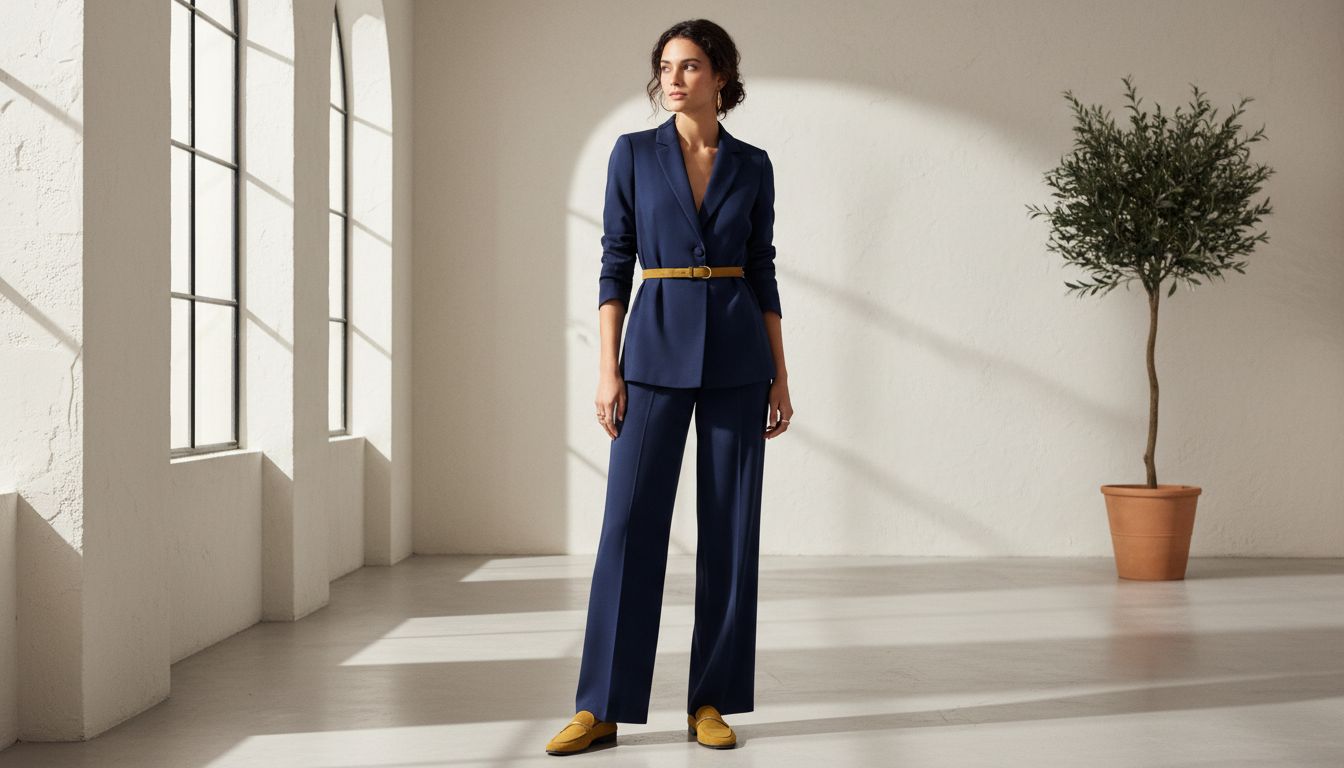 Модель в брючном костюме цвета глубокого нави, дополненном замшевыми лоферами и тонким ремнем оттенка Muted Mustard Seed.