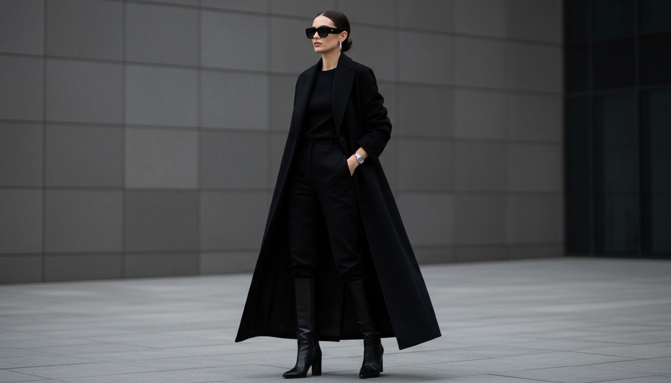 Девушка в длинном черном пальто, брюках-стременах и высоких сапогах, создающих монолитный черный силуэт.