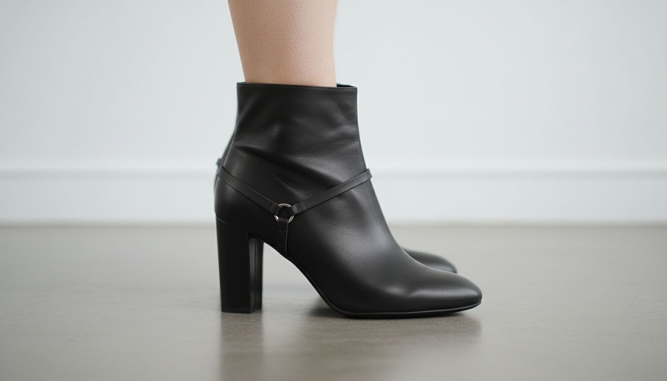 Крупный план женской лодыжки в черном ботильоне. Виден тонкий, едва заметный кожаный ремешок стремени, зафиксированный под каблуком.