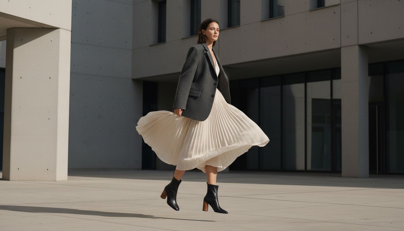 Образ: летящее платье-миди с плиссировкой, дополненное оверсайз жакетом из плотной шерсти и ботильонами на цилиндрическом каблуке.