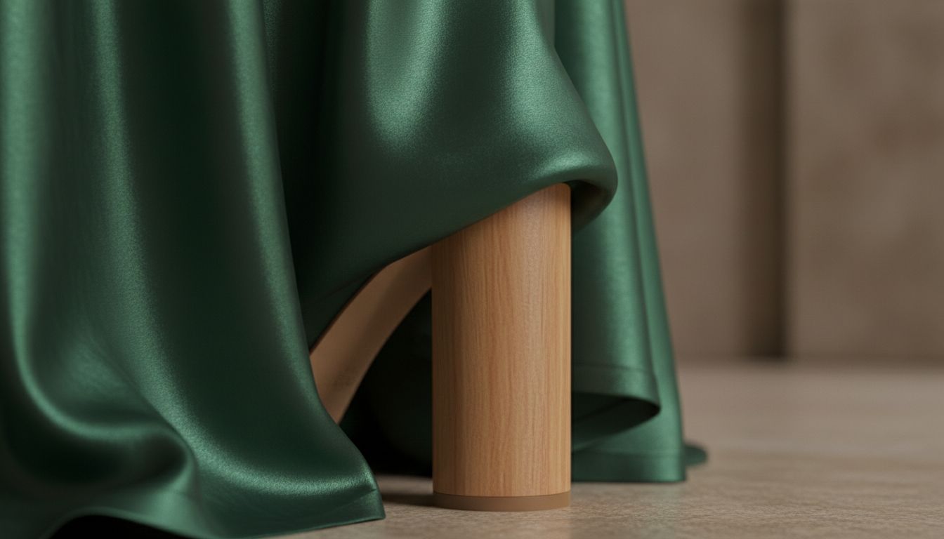 Крупный план цилиндрического каблука с отделкой под дерево, контрастирующего с шелковой тканью платья.