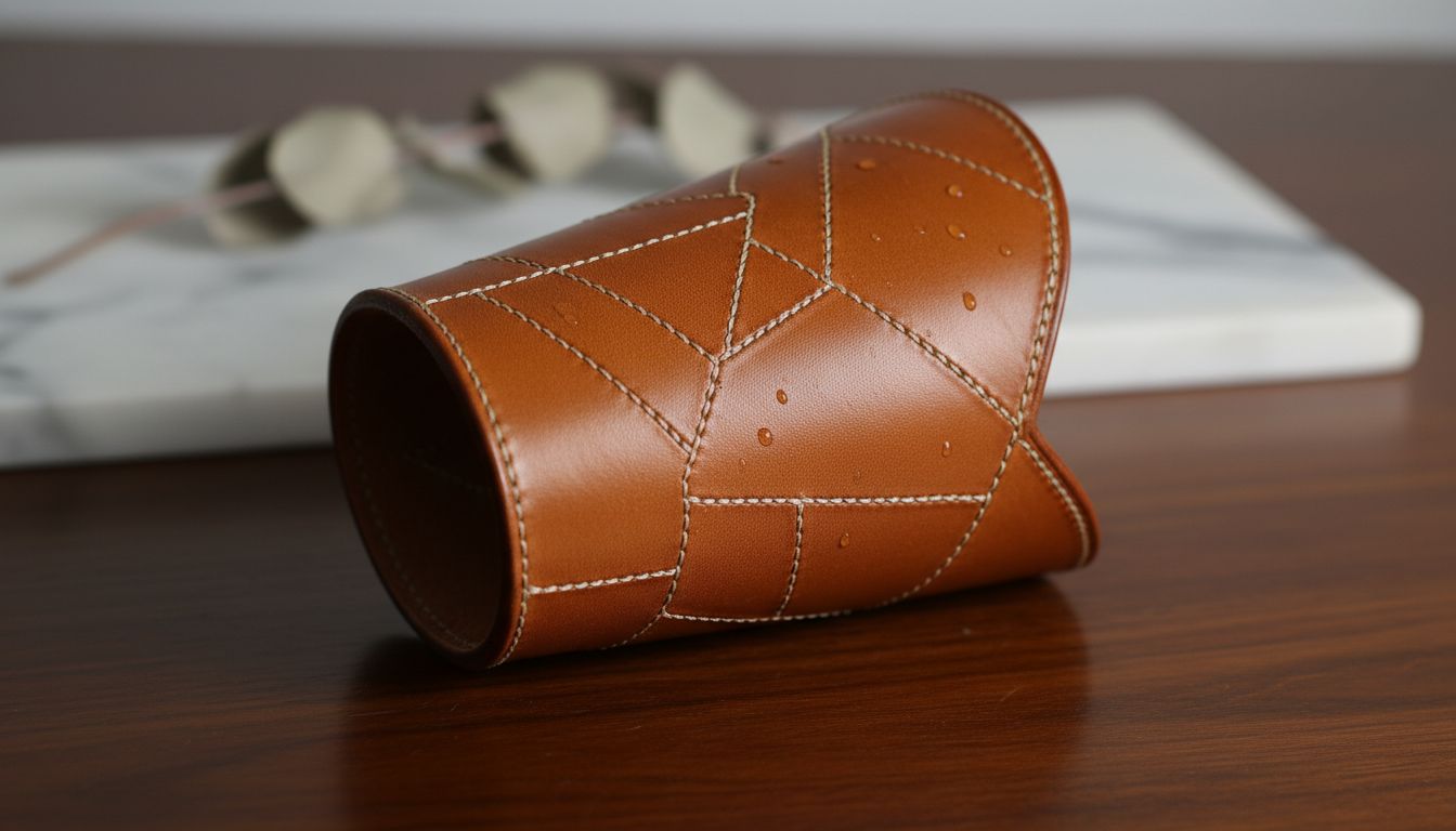 Крупный план формообразующего кожаного наруча с геометрическими швами и жестким краем, демонстрирующий его скульптурную форму.