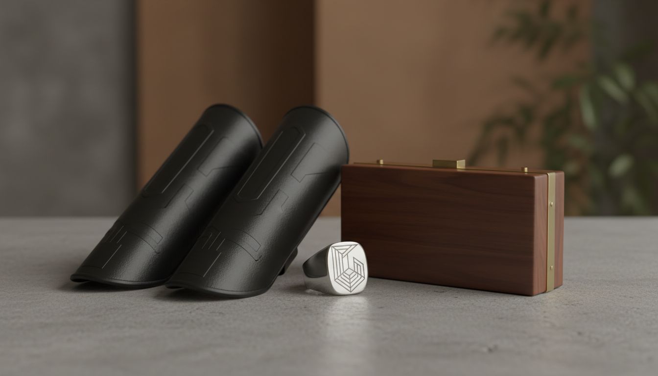 Аксессуарный натюрморт: высокие кожаные наручи, геометричное кольцо-печать и жесткий клатч-багет.