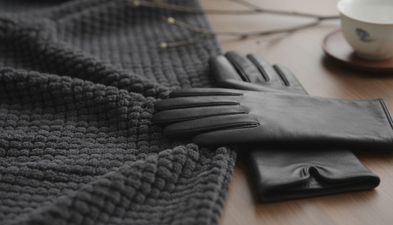 Крупный план текстуры плотного шенилла в сравнении с гладкой матовой кожей перчаток.