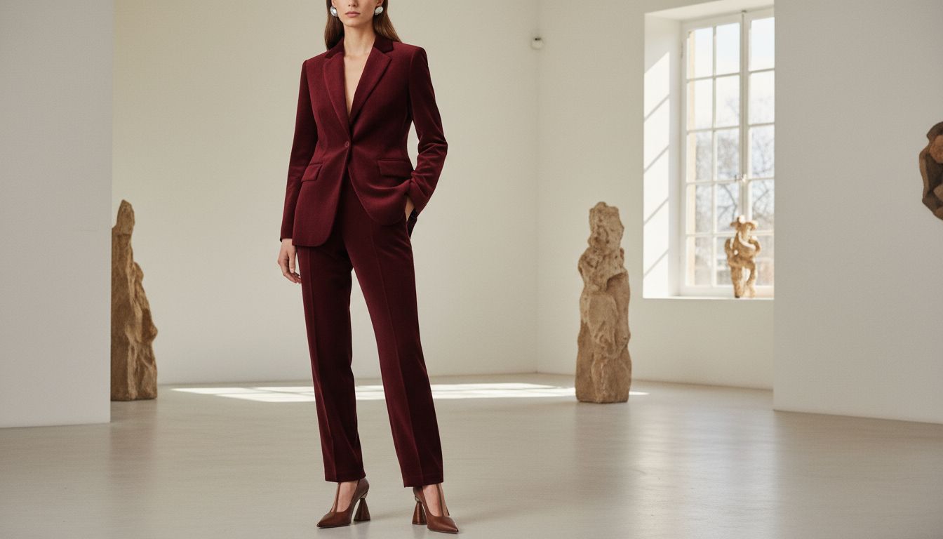 Стилизованный образ: брючный костюм из шенилла винного цвета, обувь с архитектурным каблуком, минималистичные серьги-каффы.