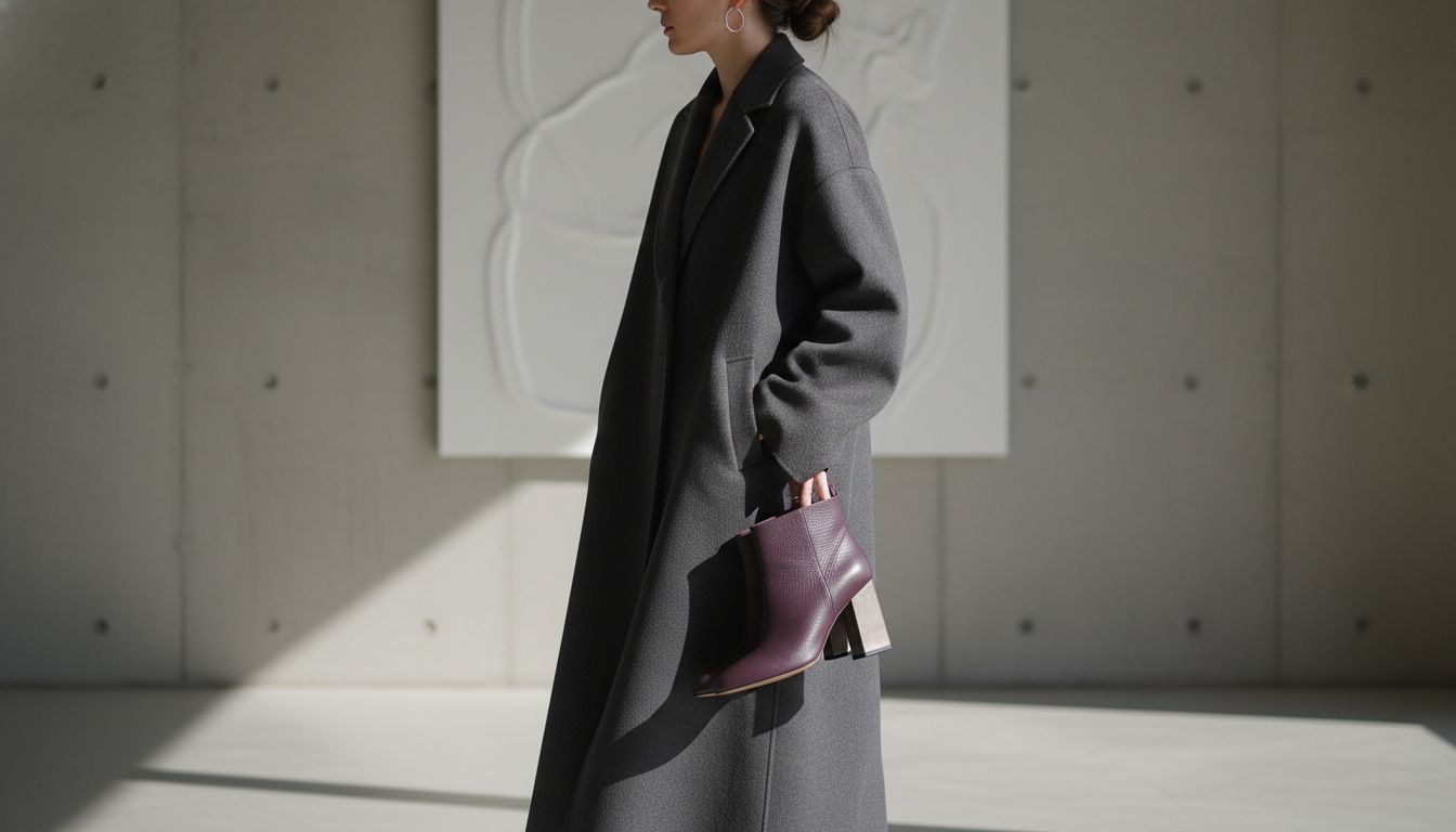 Женщина в длинном пальто цвета графит, держащая в руке ботильоны из баклажановой зернистой кожи с архитектурным каблуком.
