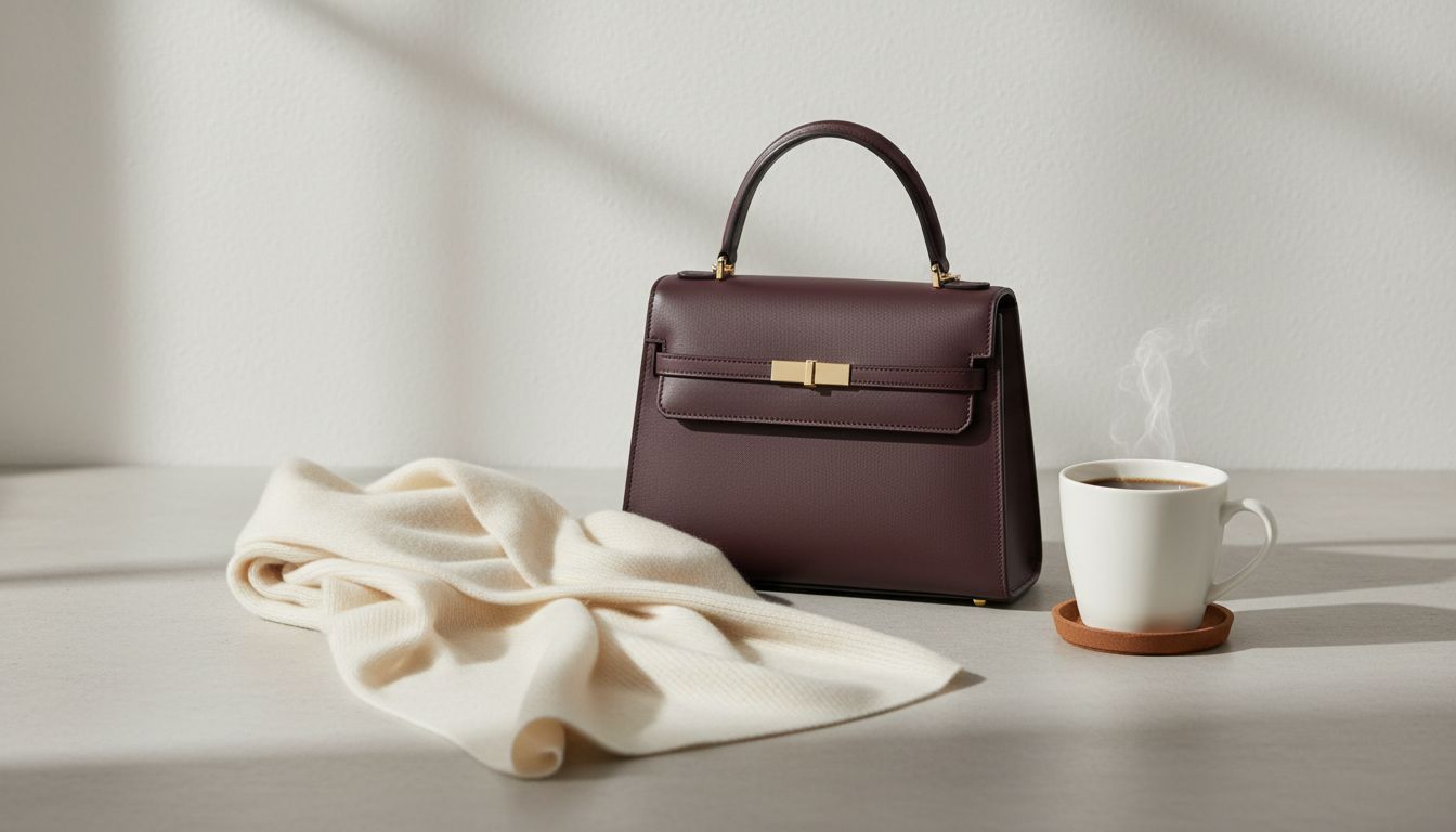 Стилизованный натюрморт: Кремовый кашемировый шарф, рядом с ним баклажановая сумка и чашка кофе.