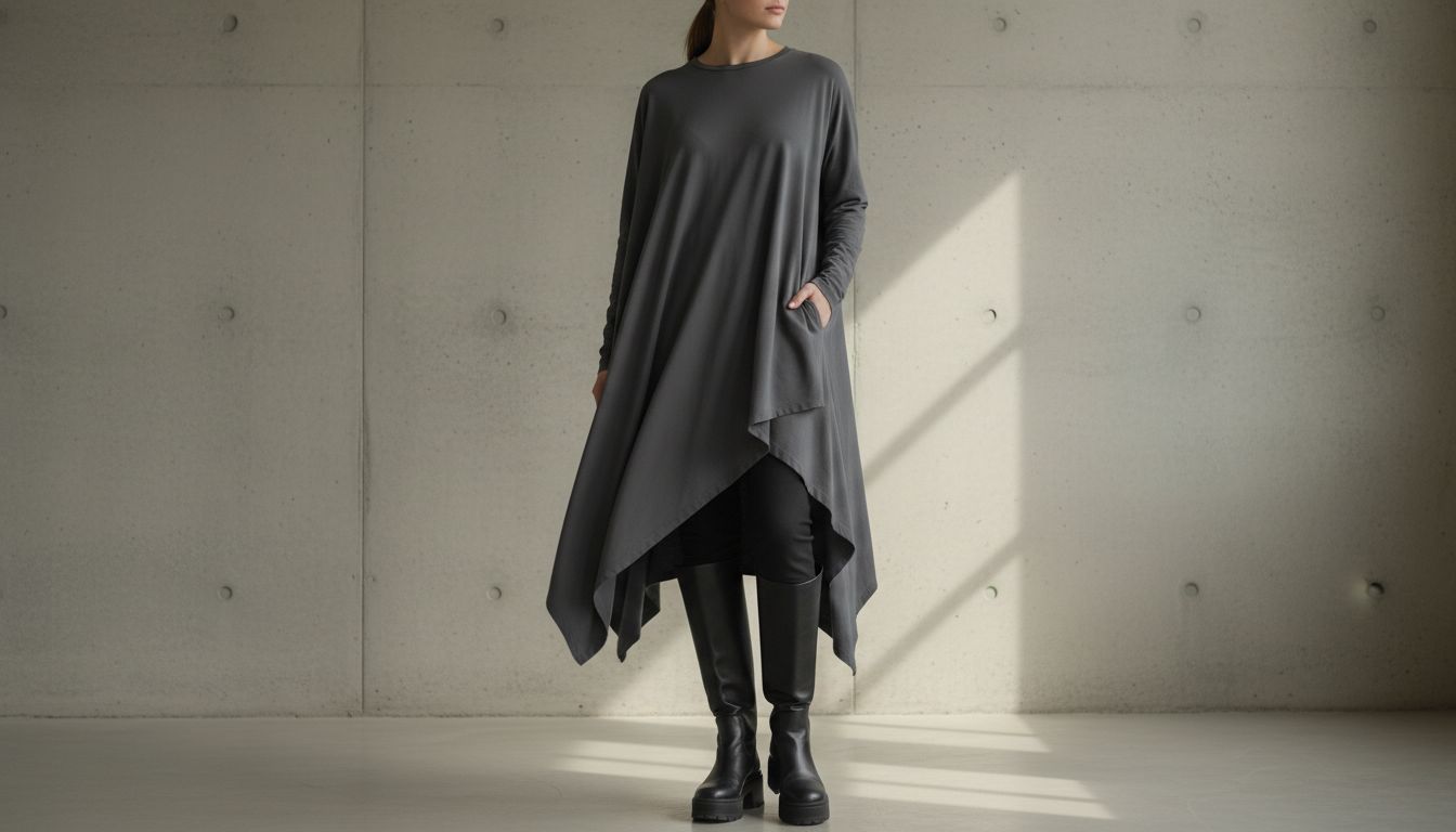 Стилизация: асимметричная туника из плотного серого джерси с высоким разрезом, надетая поверх черных матовых скинни. Виден только тонкий намек на брюки, остальное скрыто высокими сапогами.