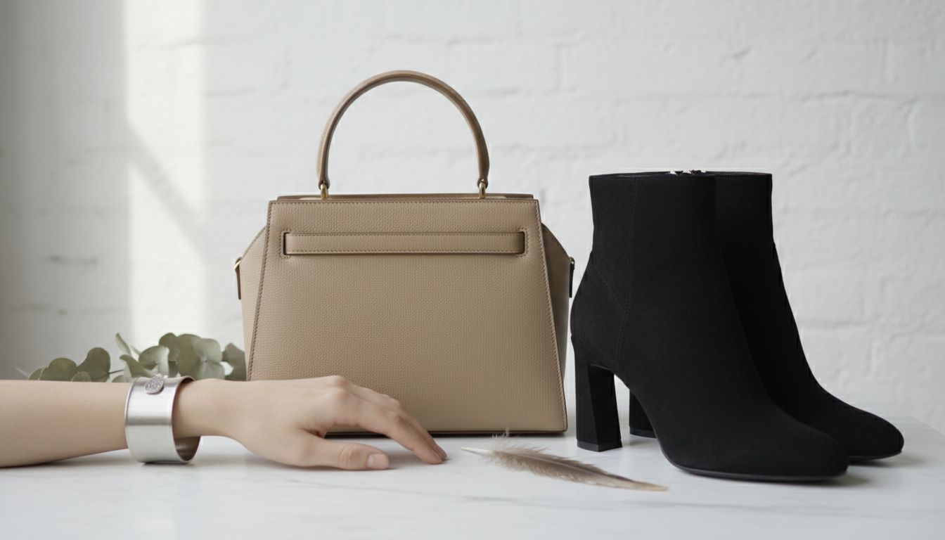 Натюрморт с сумкой-трапецией, металлическим браслетом-манжетой и ботильонами с разделенным каблуком.