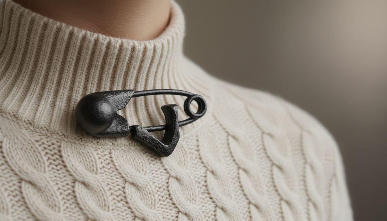 Крупный план гипертрофированной броши-булавки из матового черного металла, закрепленной на воротнике объемного кашемирового свитера.