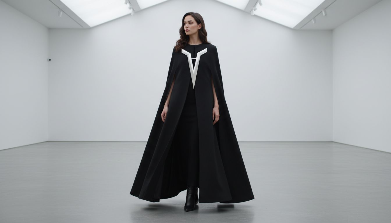 Девушка в длинном черном кейпе, закрепленном на груди крупной, полированной брошью-булавкой, создающей V-образную вертикаль.