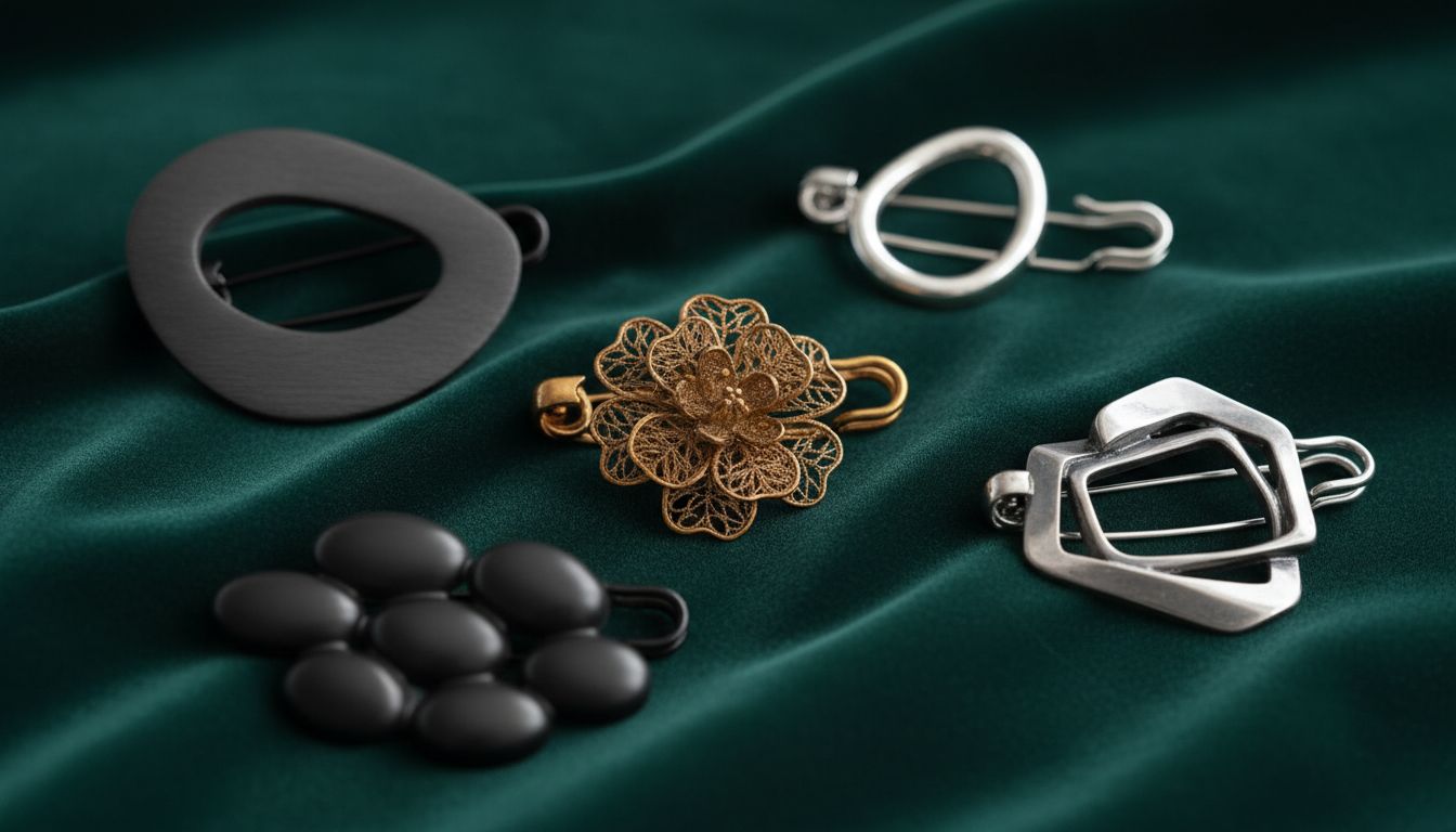 Разнообразие гипертрофированных брошей-булавок, лежащих на бархатной ткани: от матового графита до состаренного золота.