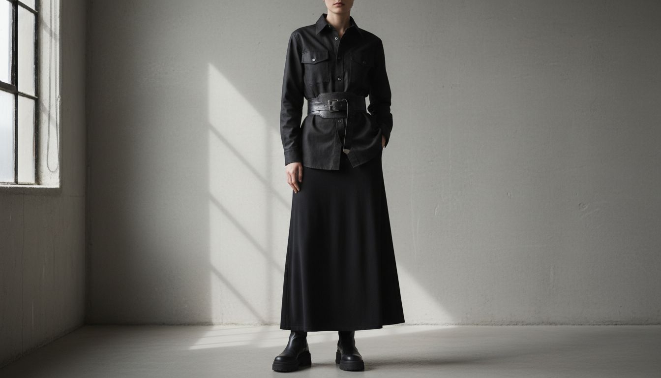 Стилизованный образ: Рубашка из черного вощеного холста, застегнутая наглухо, с широким кожаным ремнем на талии, и юбка-макси из черного тонкого трикотажа. На ногах- ботильоны на массивной подошве.