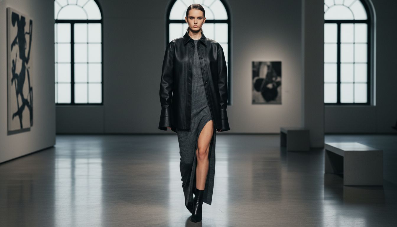 Подиумный образ, демонстрирующий жесткую оверсайз-рубашку из черного вощеного холста, надетую поверх длинного, тонкого, вязаного платья-макси с высоким разрезом.