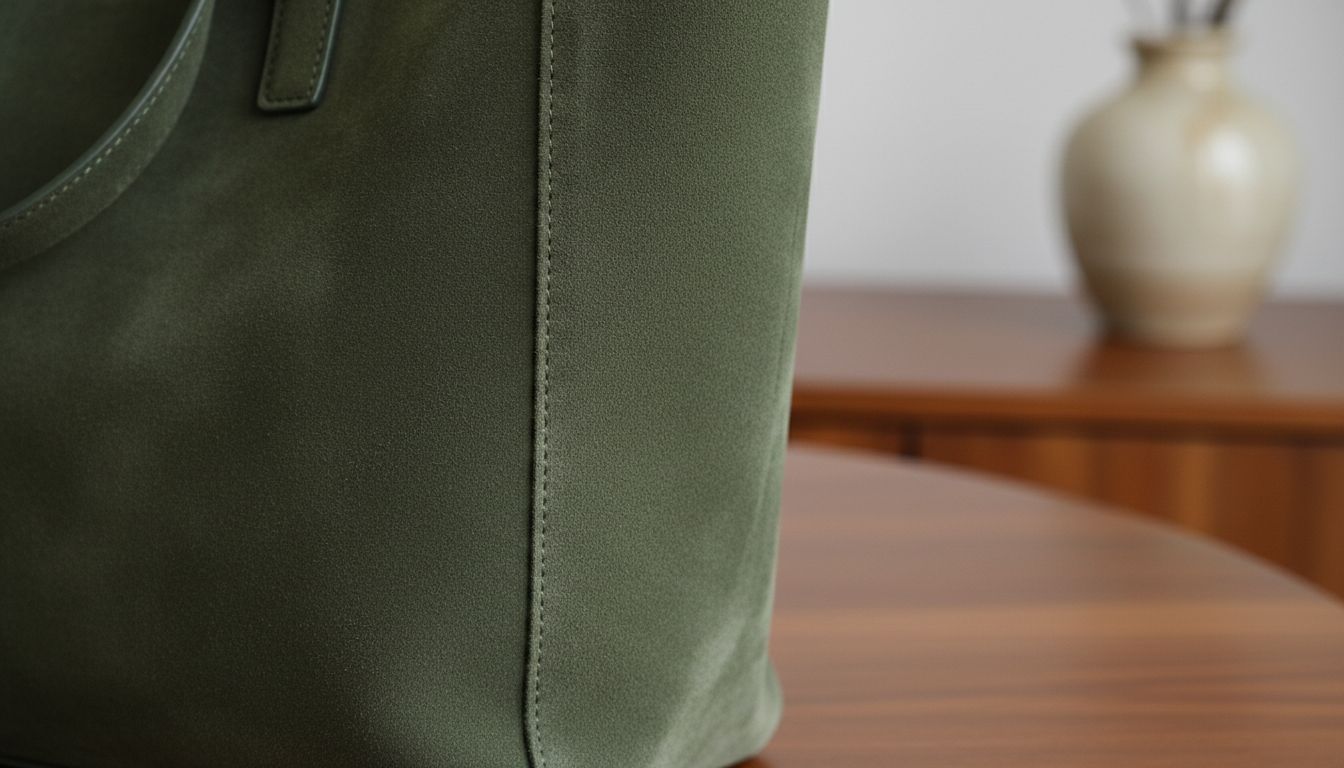 Крупный план плотной замши оттенка Forest Patina на боковой стороне сумки-шоппера, демонстрирующий матовую глубину цвета.