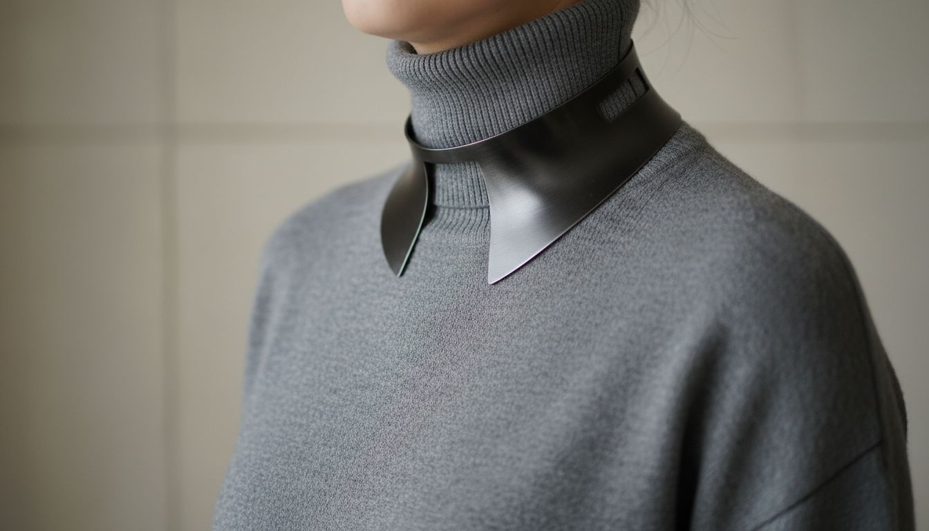 Стилизация: высокий воротник свитера, заправленный под скульптурный чокер-ошейник из темного металла.