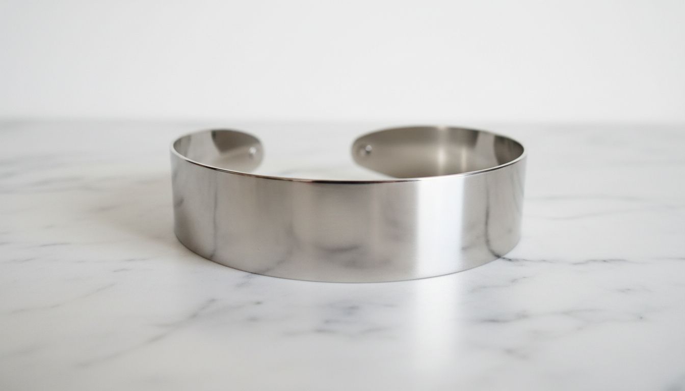 Крупный план идеального, гладкого металлического чокера-ошейника без декоративных элементов, лежащего на белой мраморной поверхности.
