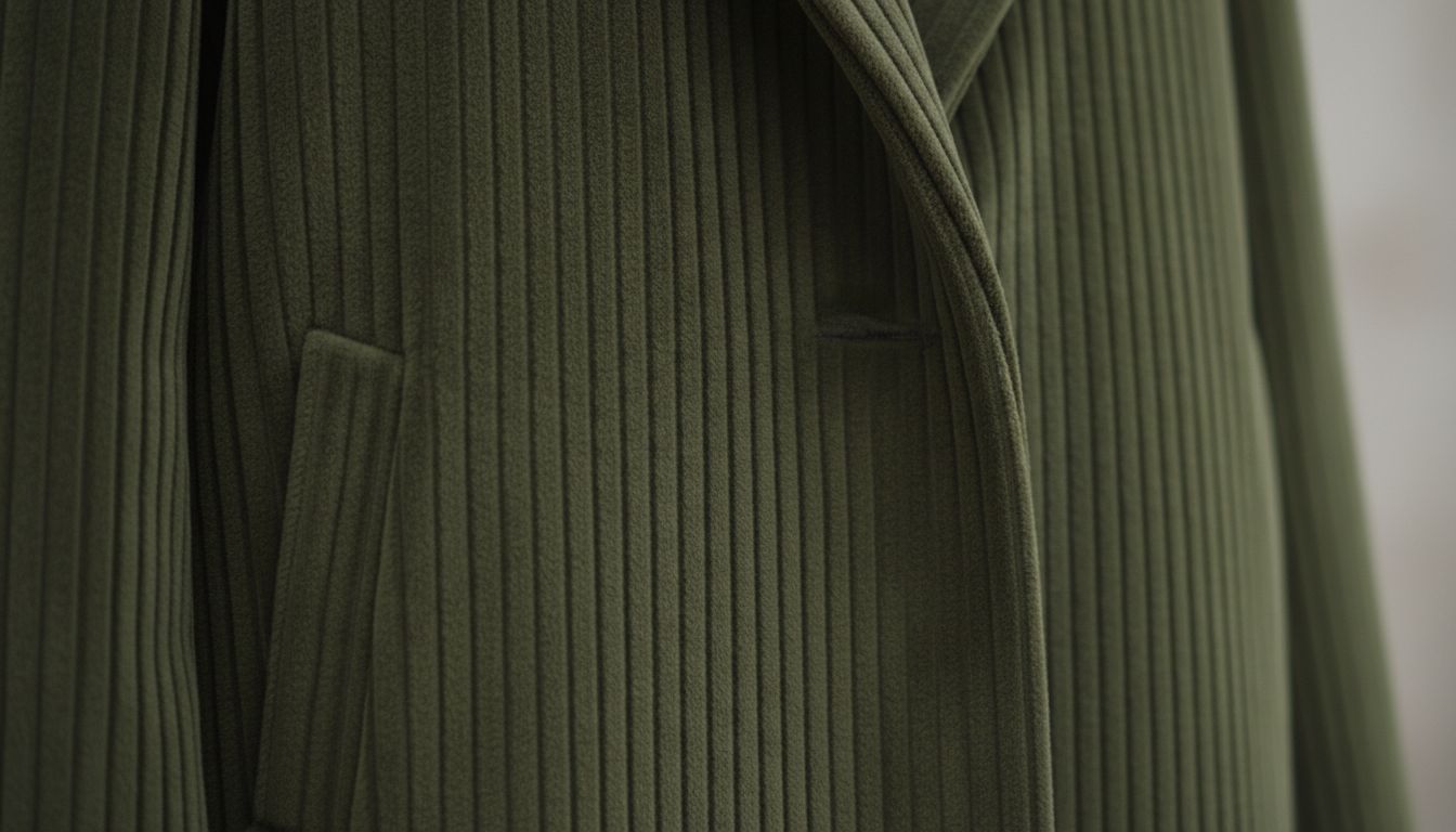 Крупный план плотного вельветового рубчика на пальто-коконе, демонстрирующий графичность вертикальных линий.