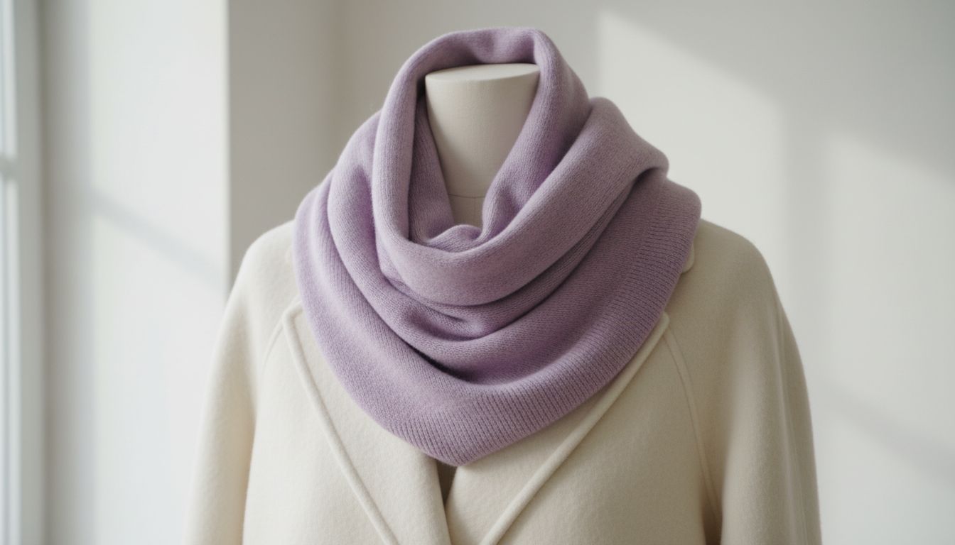 Объемный кашемировый снуд оттенка Wisteria, лежащий на пальто из белой шерсти, демонстрируя мягкий контраст.