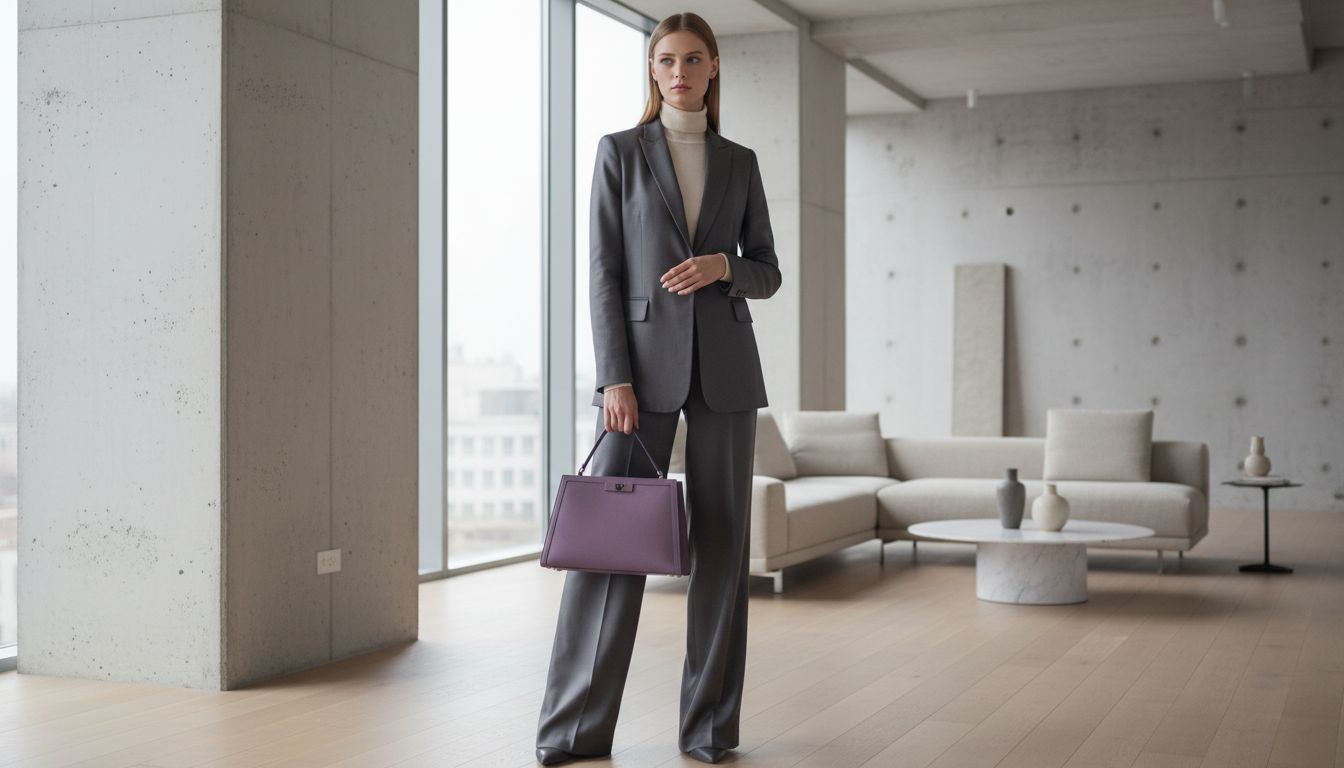 Модель, держащая жесткую сумку-трапецию из матовой замши оттенка Гелиотропа, на фоне светлого, серого интерьера.