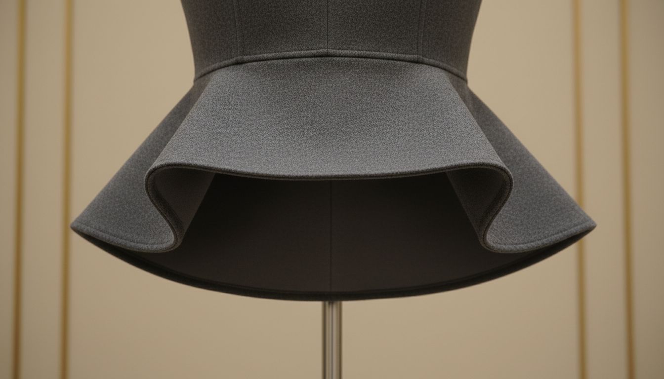 Крупный план жесткого баска-полки на жакете из матовой шерсти, демонстрирующий четкую горизонтальную линию и плотную подкладку.