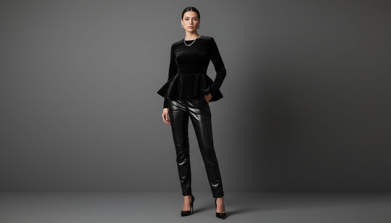 Вечерний образ: Басок-полка из черного бархата, лаковые брюки и туфли с острым мысом-долото.