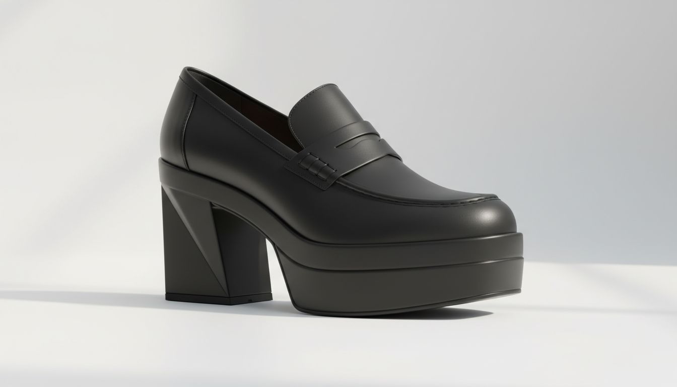 Крупный план лофера на платформе с каблуком-призмой, выполненным из черной матовой кожи. Видны четкие геометрические грани каблука.