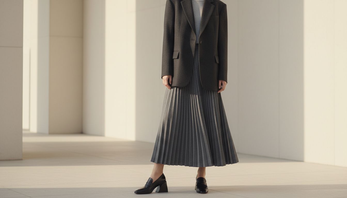 Модель в длинной шерстяной юбке цвета графита и оверсайз жакете, демонстрирующая лоферы с треугольным каблуком. Фокус на силуэте.