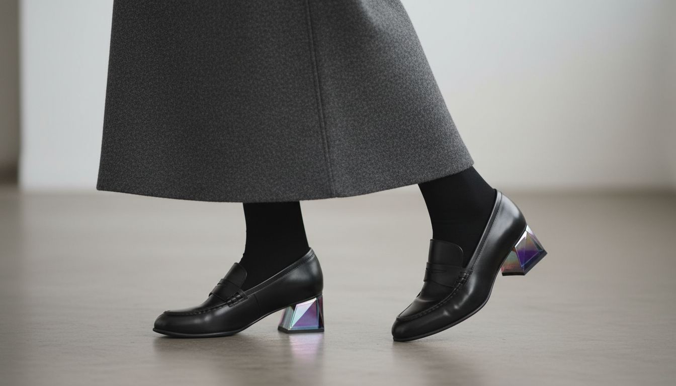 Стилизация: лоферы с призматическим каблуком, плотные черные колготки и подол юбки-макси из вареной шерсти.