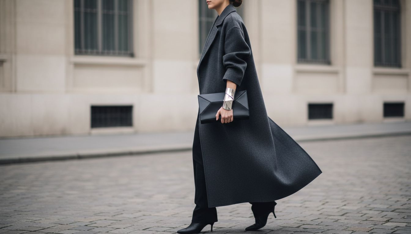 Модный редактор в длинном пальто цвета антрацит, держащая в руке жесткий геометрический клатч, на руке виден скульптурный манжет.