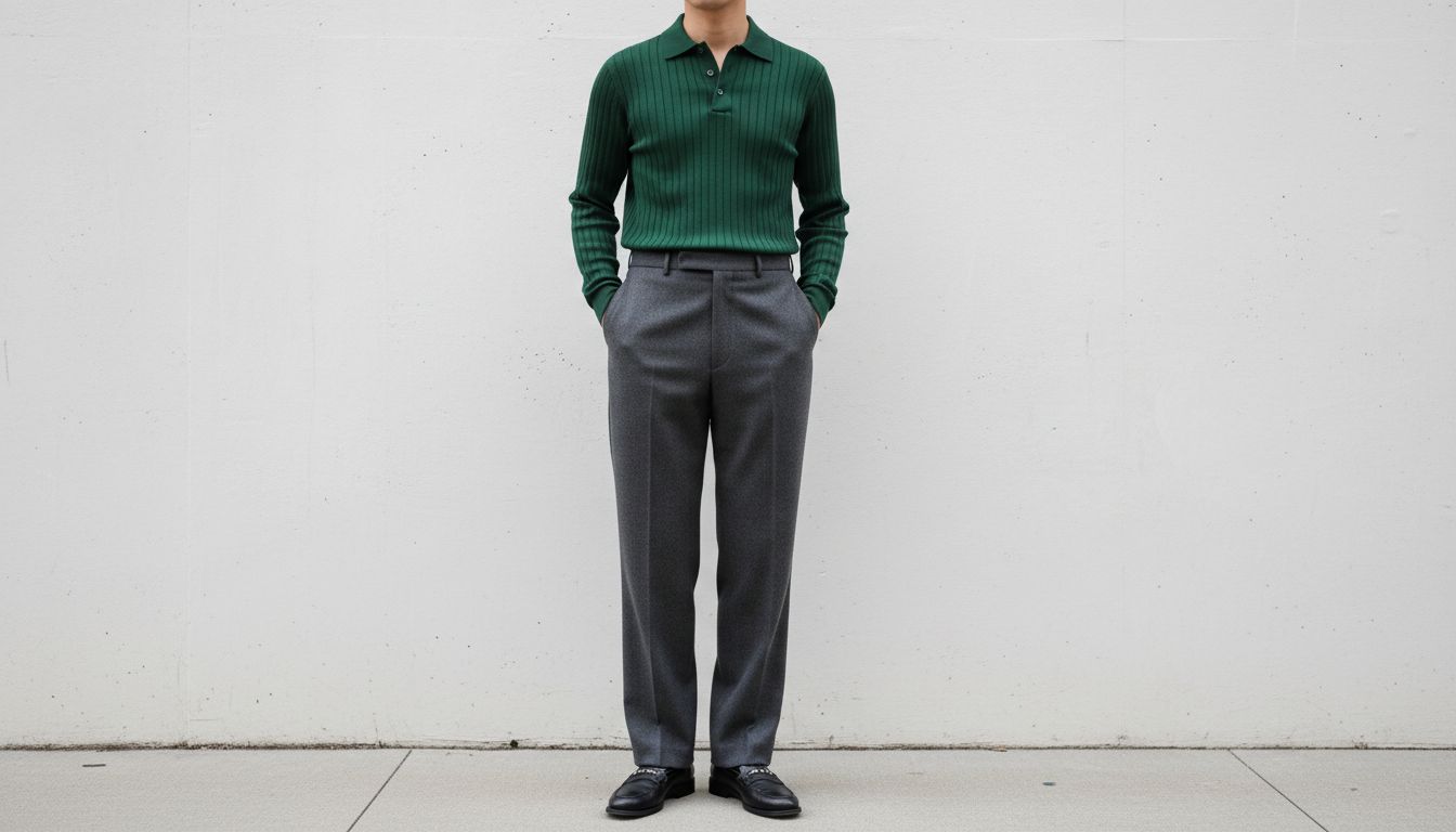 Стилизованный образ, где рубашка-поло из плотного шелкового репса заправлена в высокие матовые шерстяные брюки, создавая чистую вертикаль.
