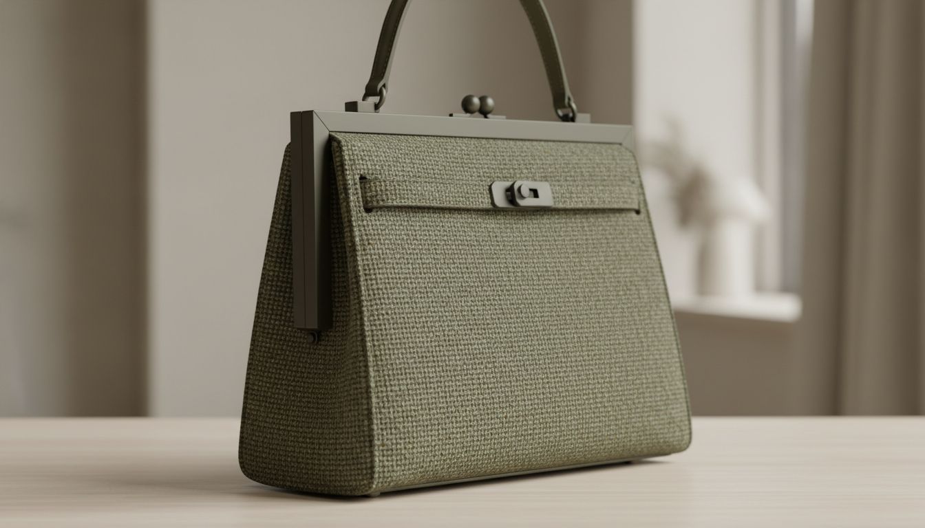 Крупный план жесткой каркасной сумки-тоут из плотного твида оттенка дымчатого хаки с матовой фурнитурой.