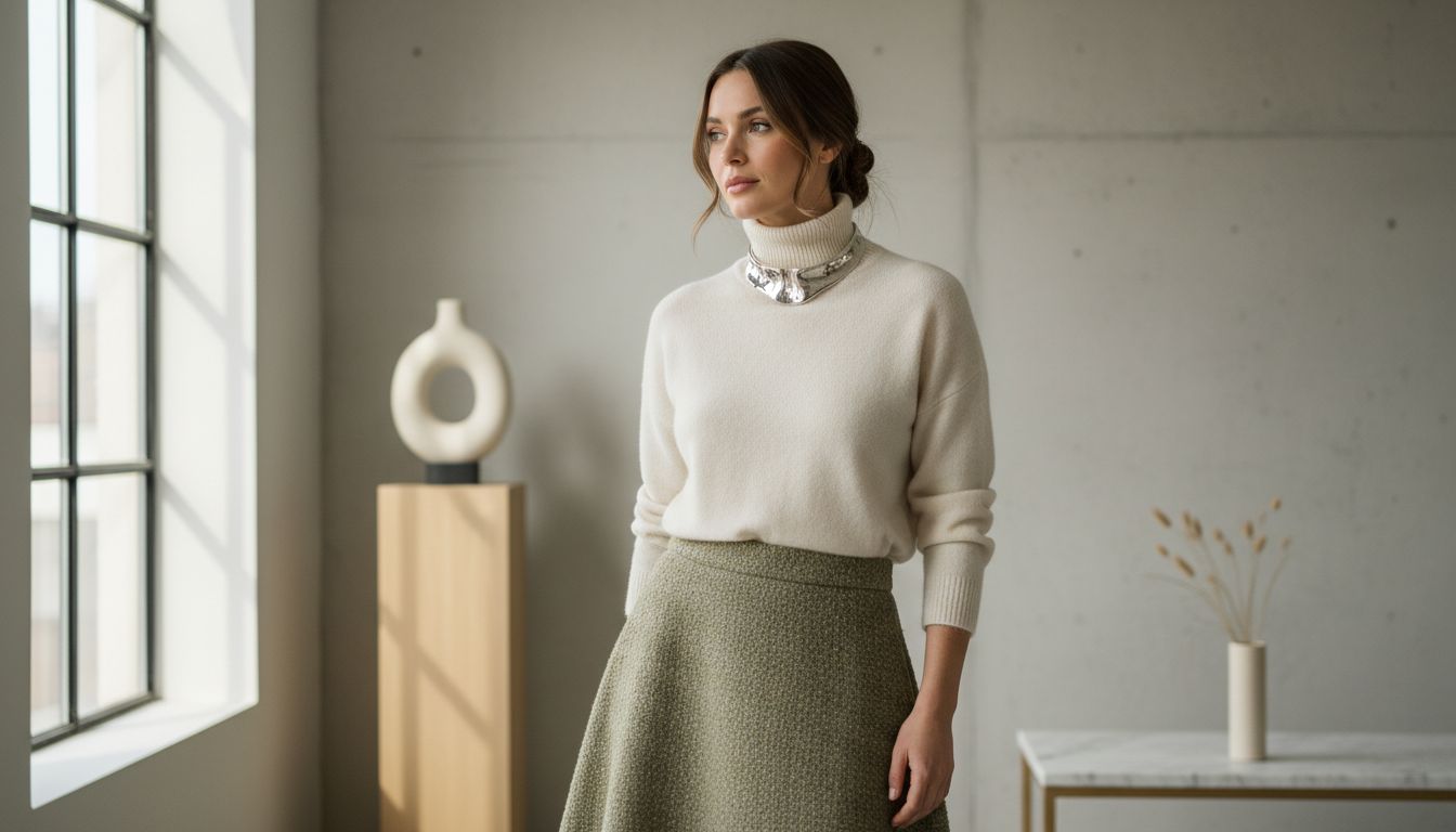 Стилизованный образ: женщина в белом кашемировом свитере и твидовой юбке оттенка хаки, на ней массивный серебряный чокер.